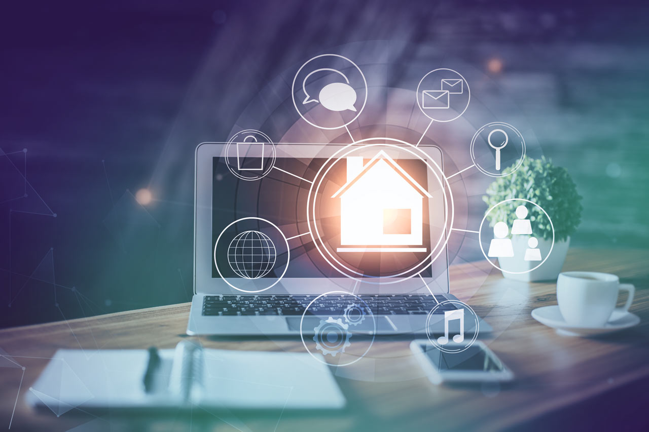 CTC-GBP-Onboarding-Hero-opt-@2x Laptop on business owner's desk with phone, coffee cup, and plant, with graphic icons super imposed, showing many components of a business owners computer