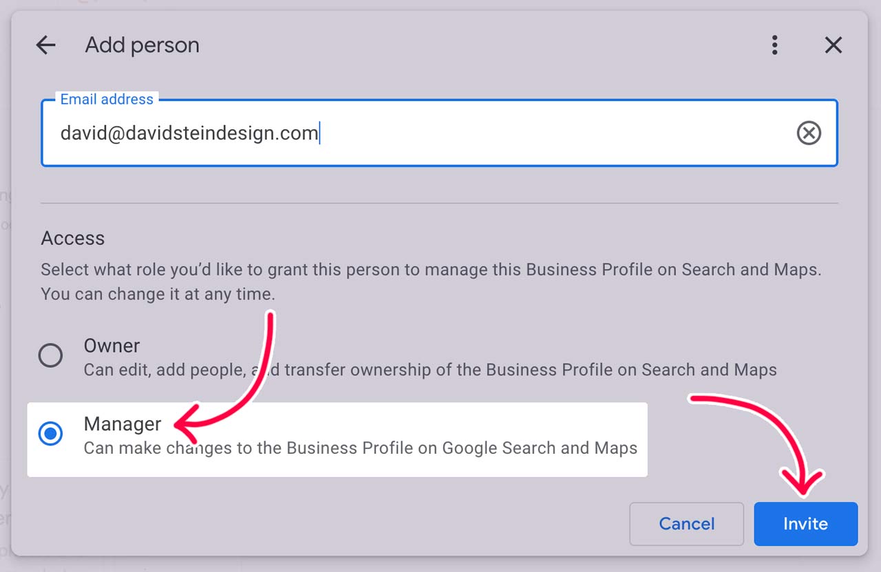 CTC-GBP-Invite-opt@2x Google Business Profile - User Management - add david@davidsteindesign.com as manager
