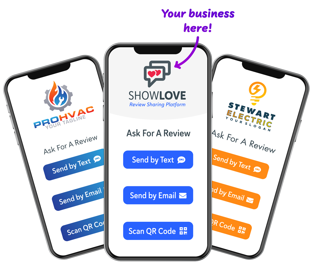 CTC-Google-Review-App-Mock-Up-3-Phones-@2x 3 mobile phones, each with Custom Review Request App Screen showing