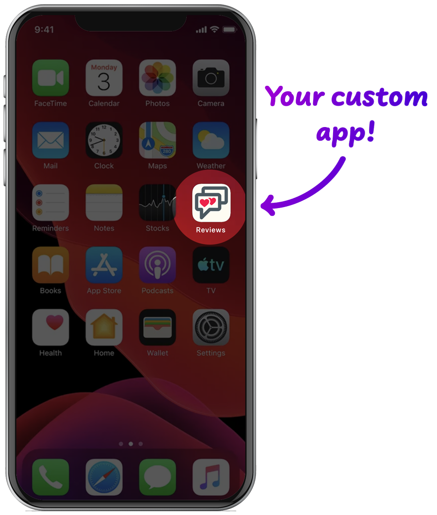 CTC-Review-App-Display-as-App-@2x Home screen of phone with Custom Review Request App