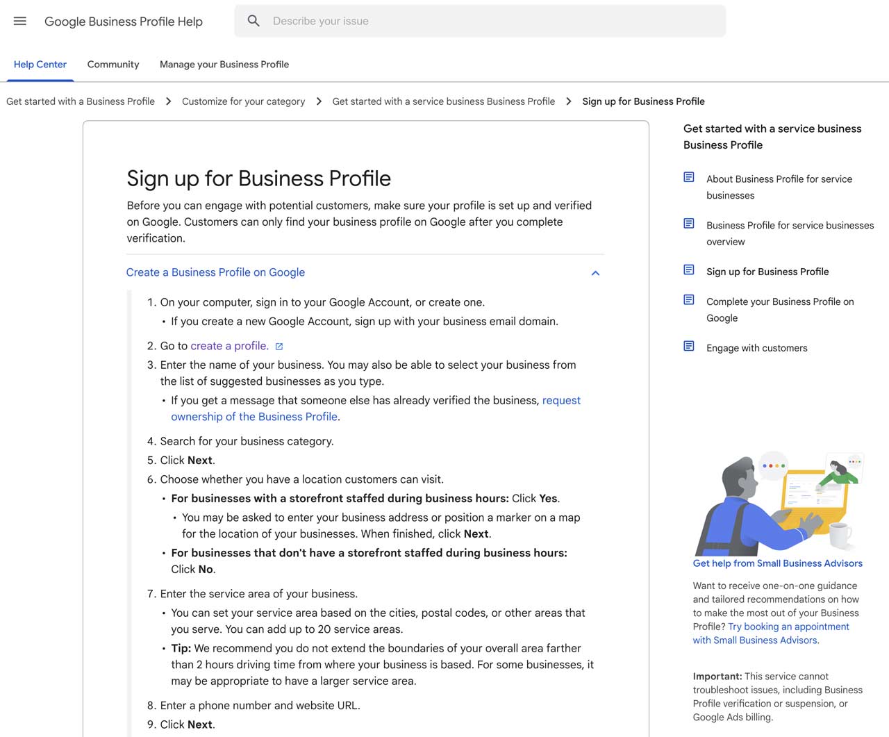 GBP-Create-Profile-Support Screen shot of Google Support page to Create a New Business Profile